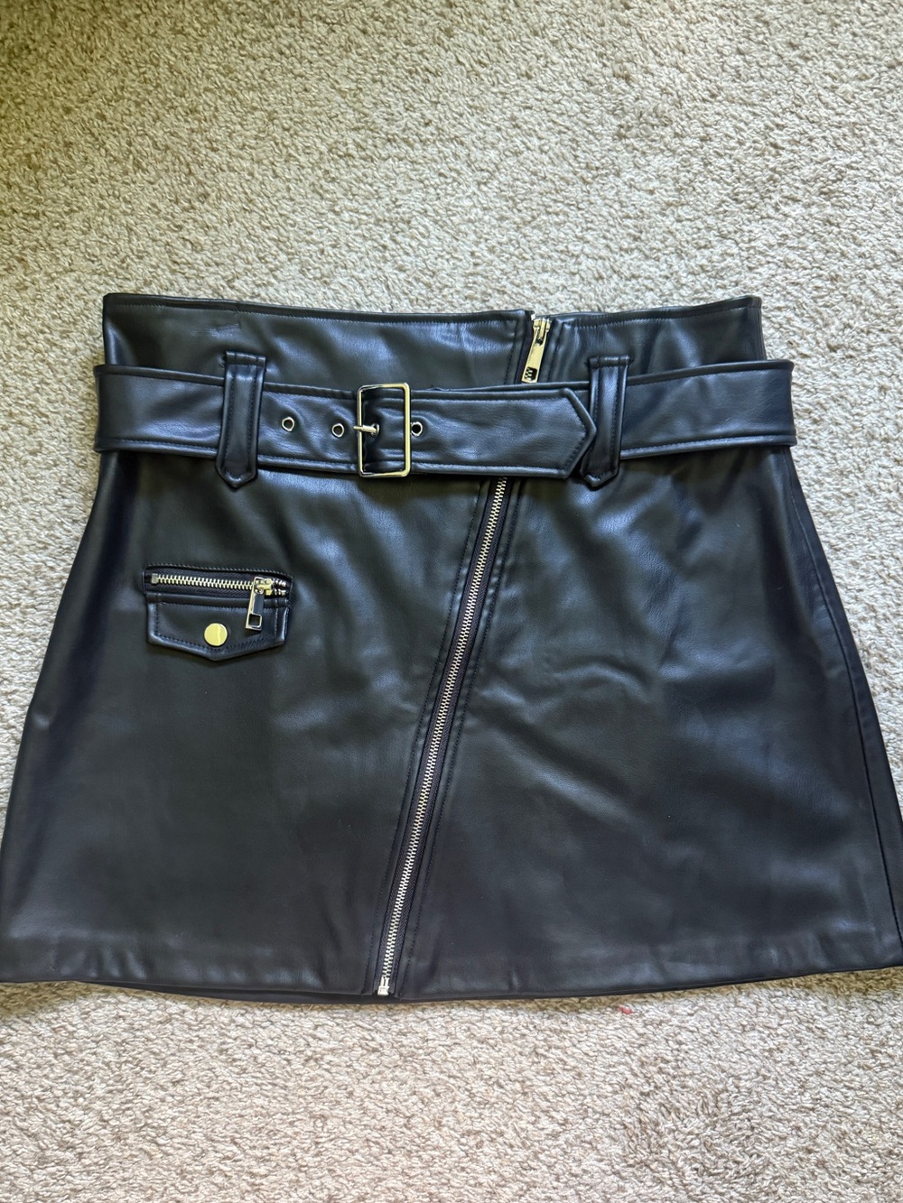 Zara Black Faux Leather Belted Mini Skirt with Diagonal Zip